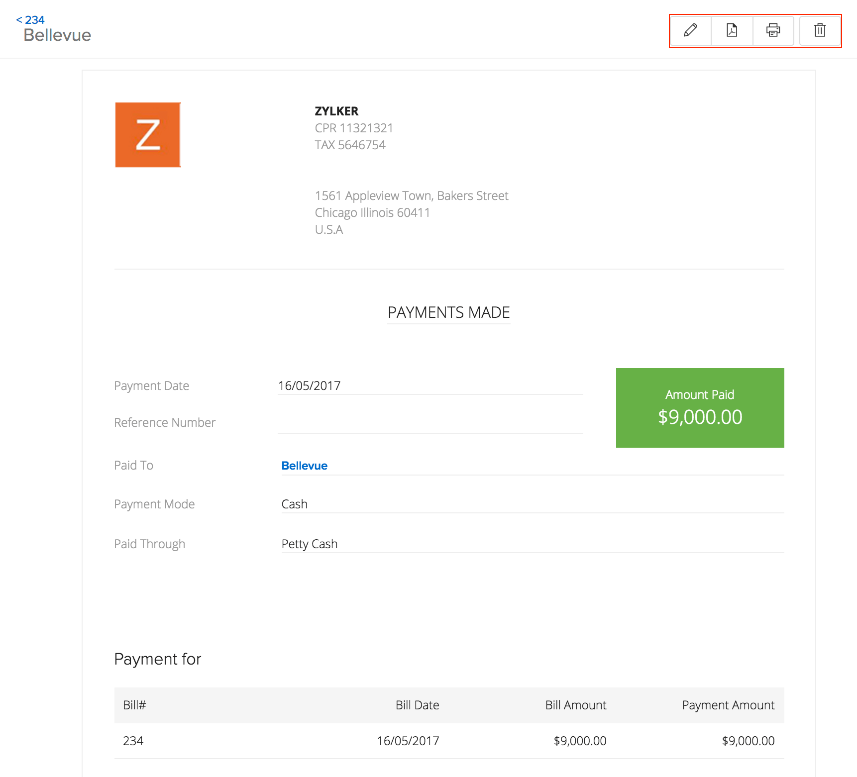 screen shot of options in payment receipts