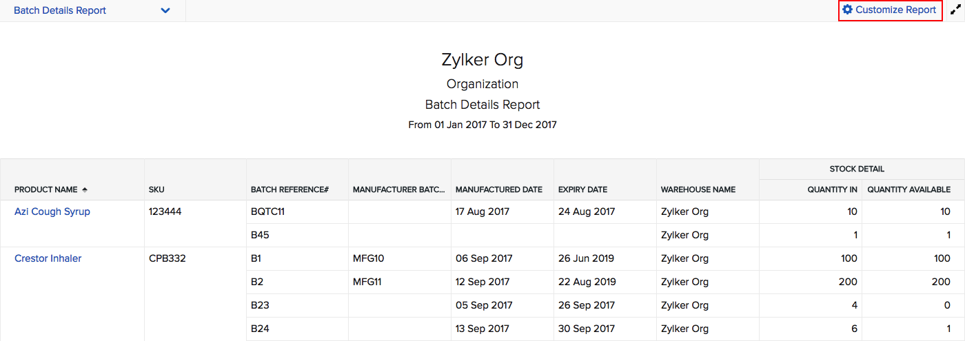 Batch details report