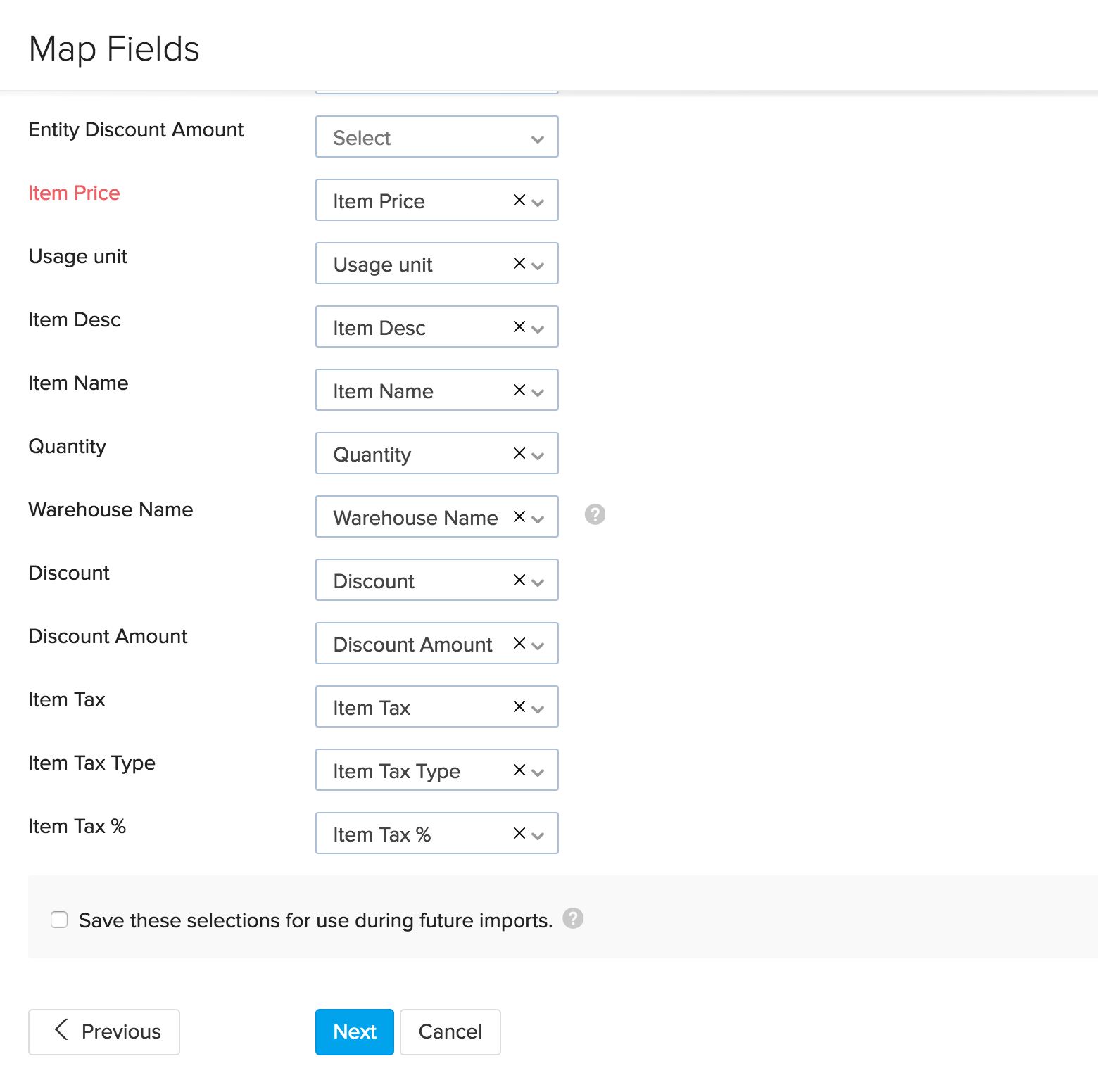 SO import map fields page