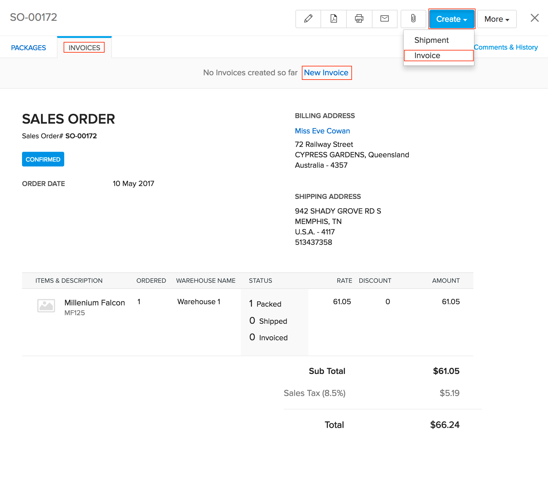 Image of creating an invoice from the invoices section of a sales order