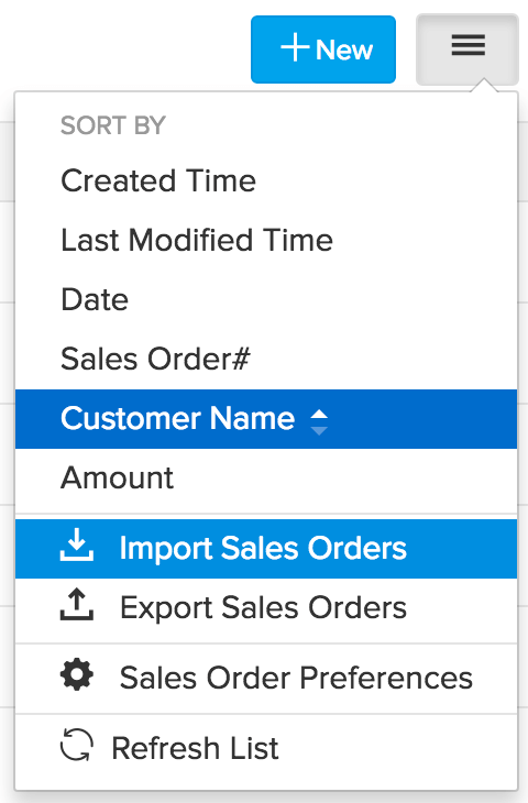 menu icon drop down with import option highlighted