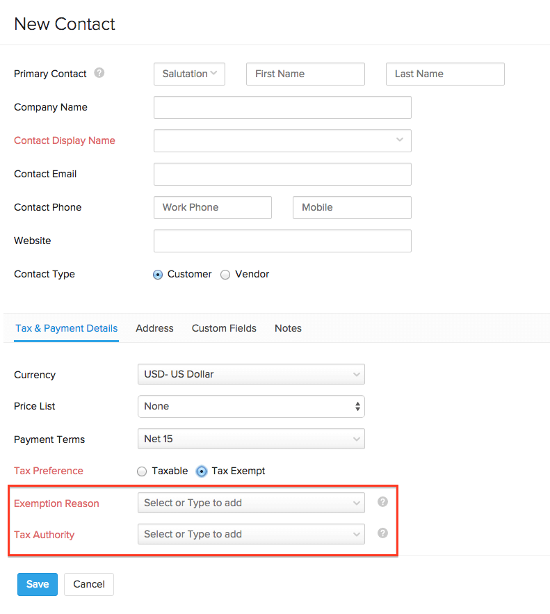 Adding a tax authority to a tax exempted contact