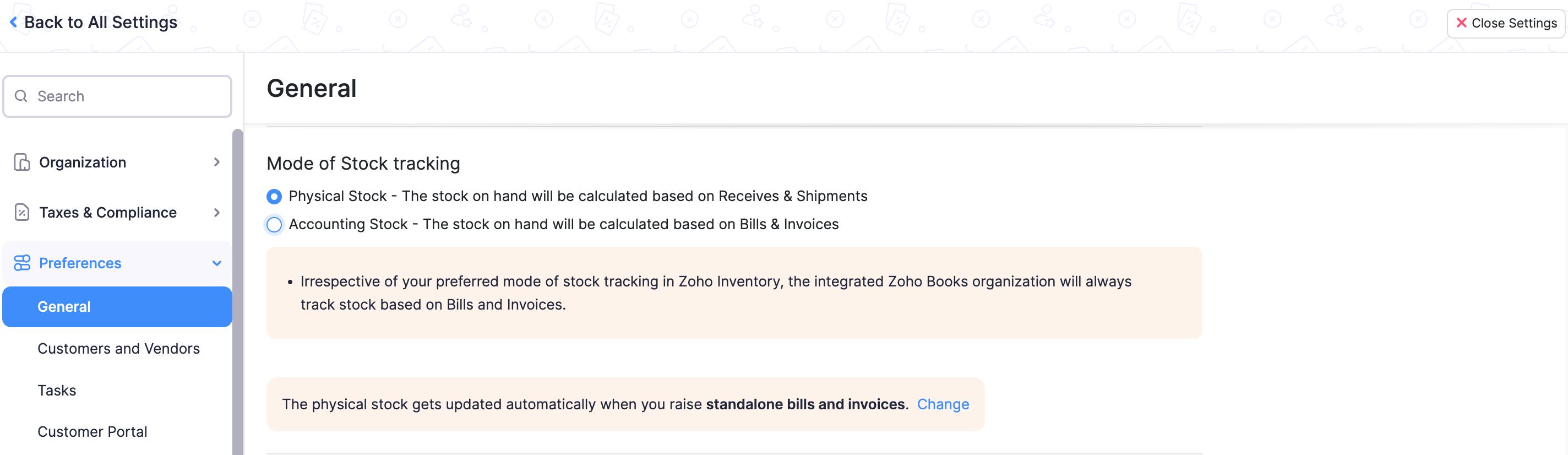 Change Physical Stock Preference