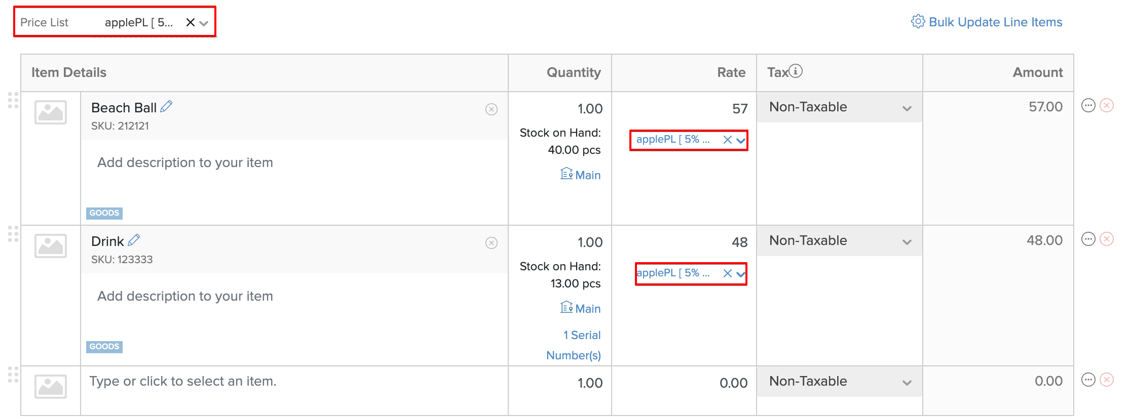 Associate price list to a transaction