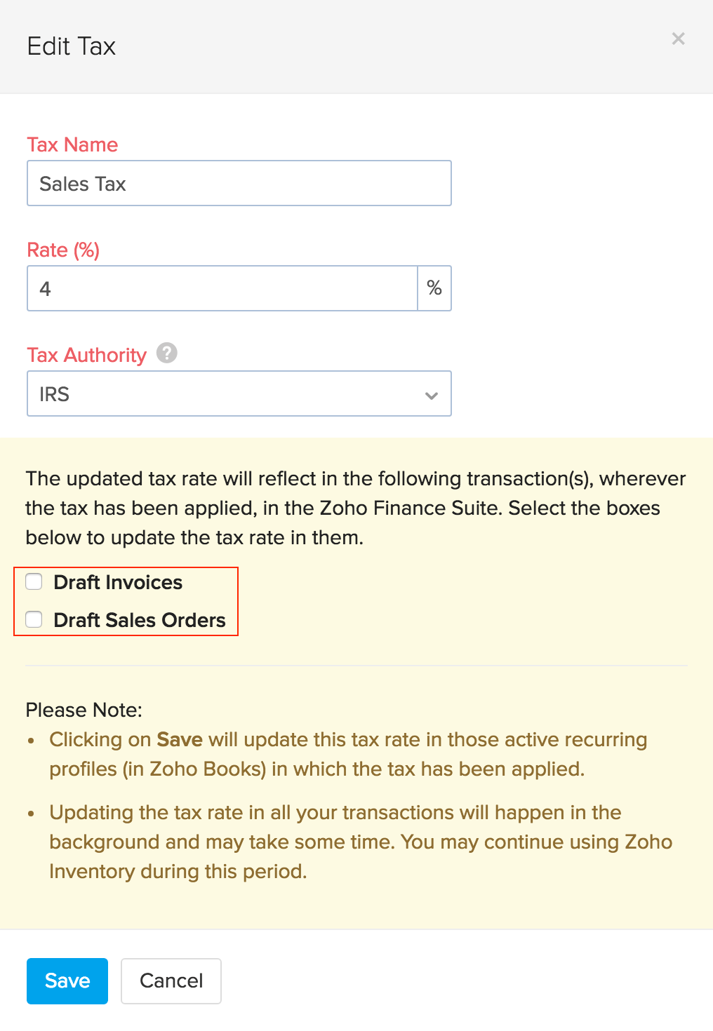 Update tax across sales transactions