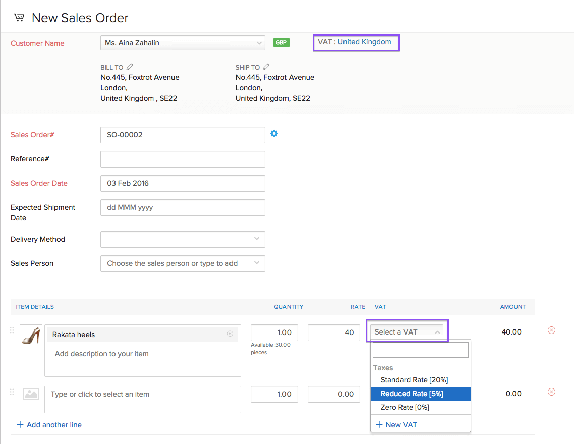 Choosing VAT rate for an Item added to a sales transaction