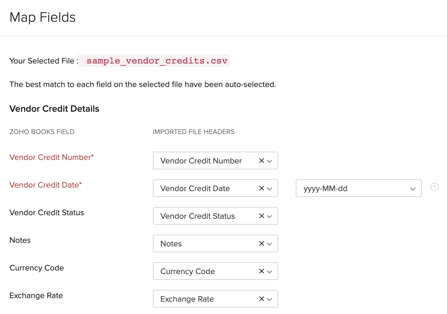 Import vendor credits - map fields