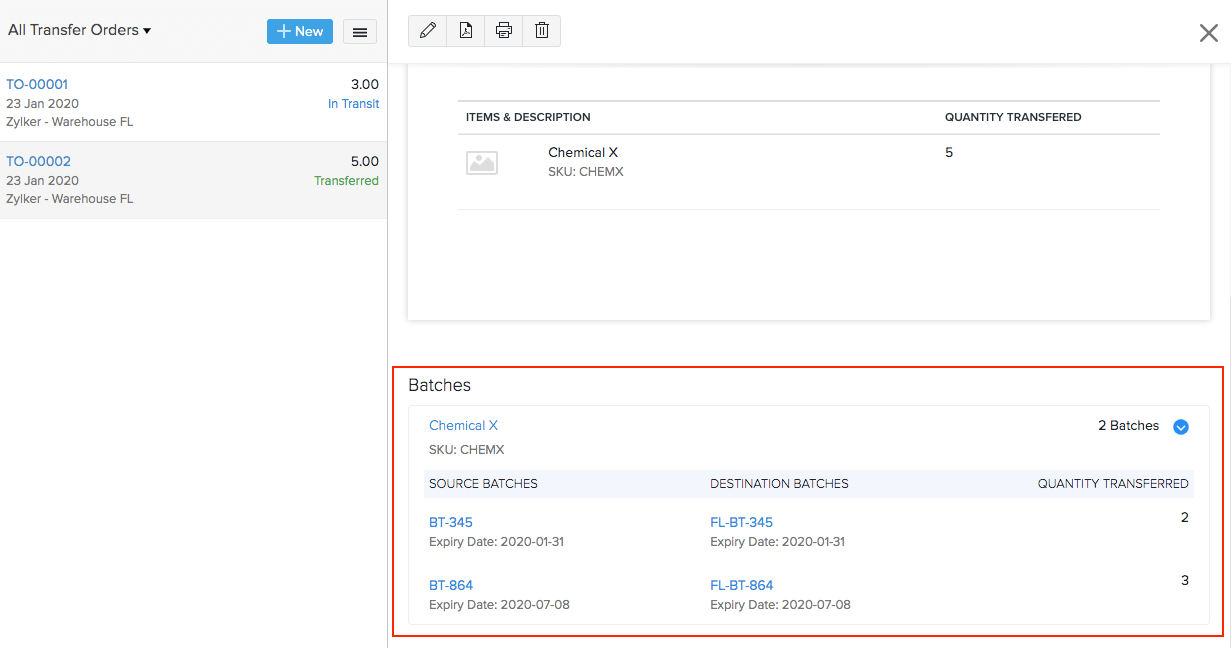 Transferred batch items