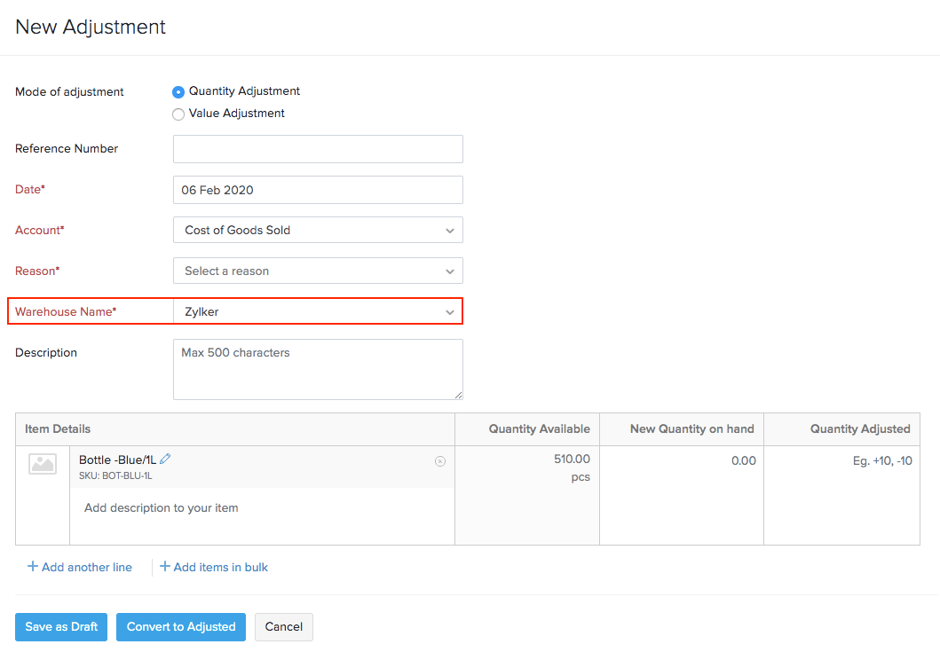 Select warehouse in inventory adjustments