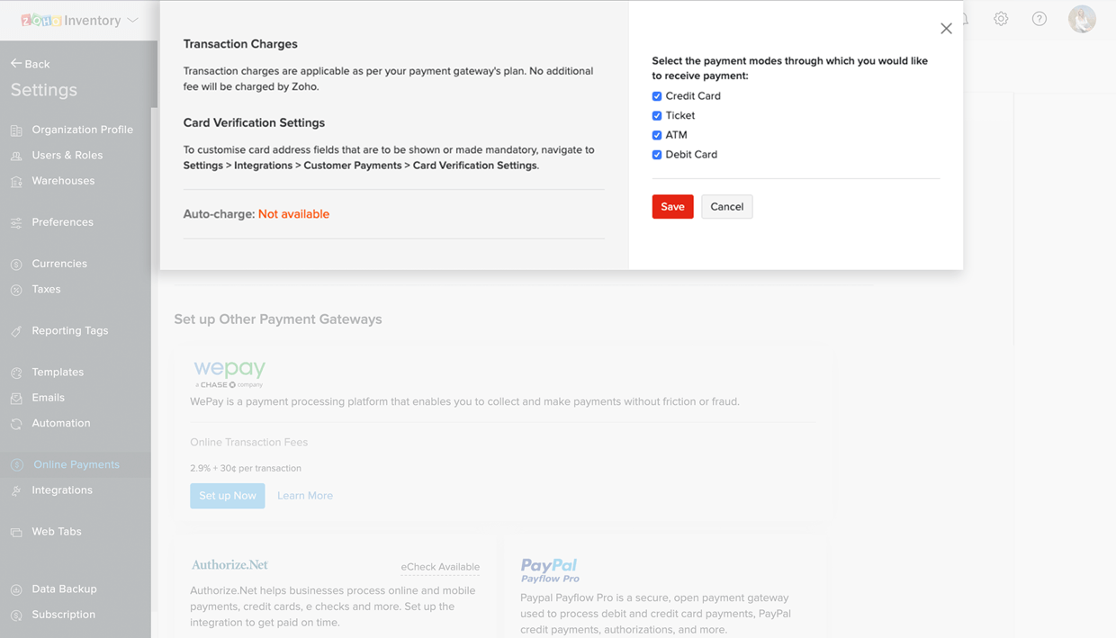Transaction Charges -  Zoho Mercado Pago Integration | Zoho Inventory