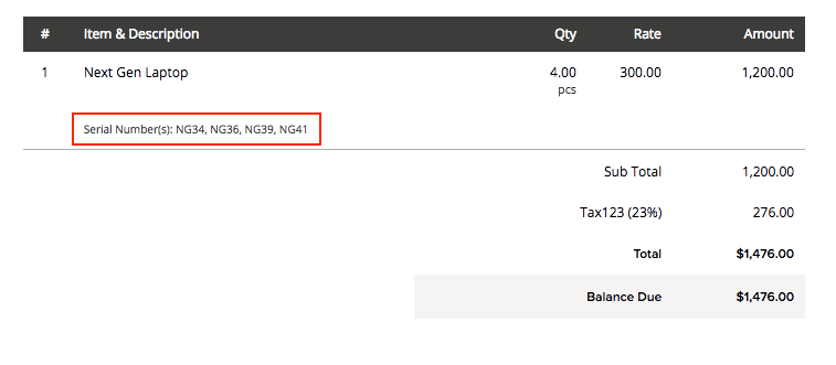 Invoice PDF showing serial numbers