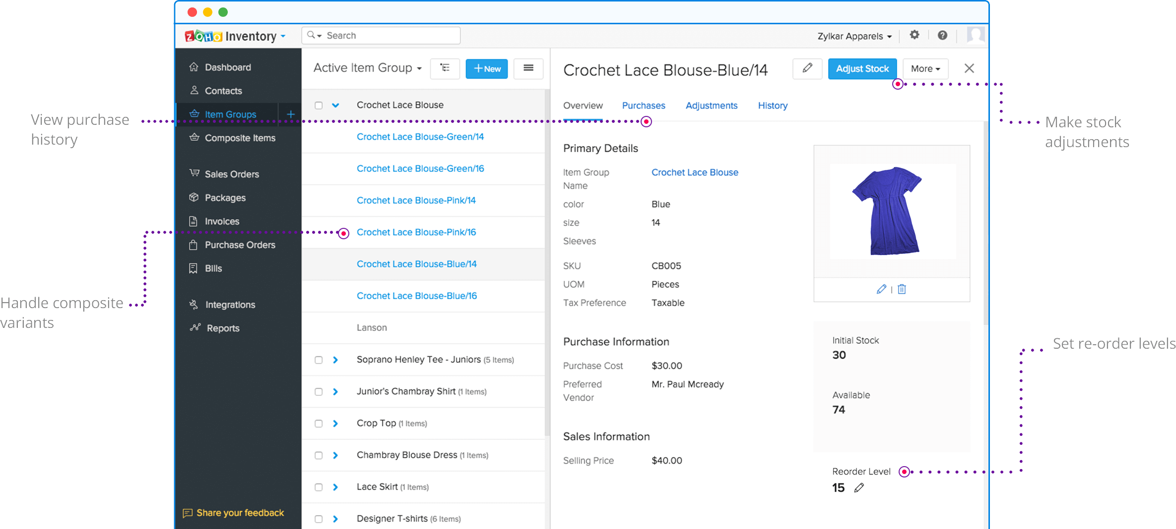 Active items. Zoho Inventory. Inventory Size. Zoho assist. Locked Inventory.