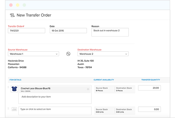 Transfer stock between warehouses - Zoho Inventory