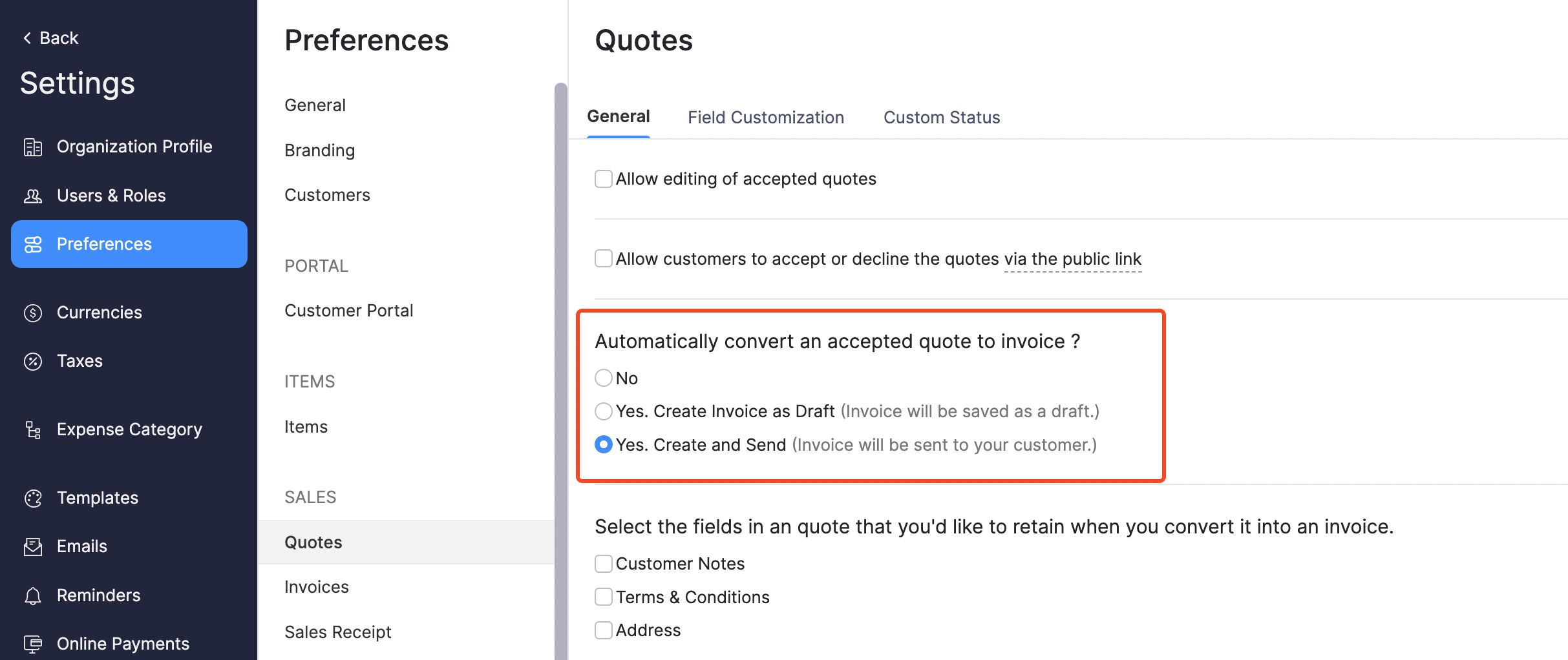 Convert Quote Preferences