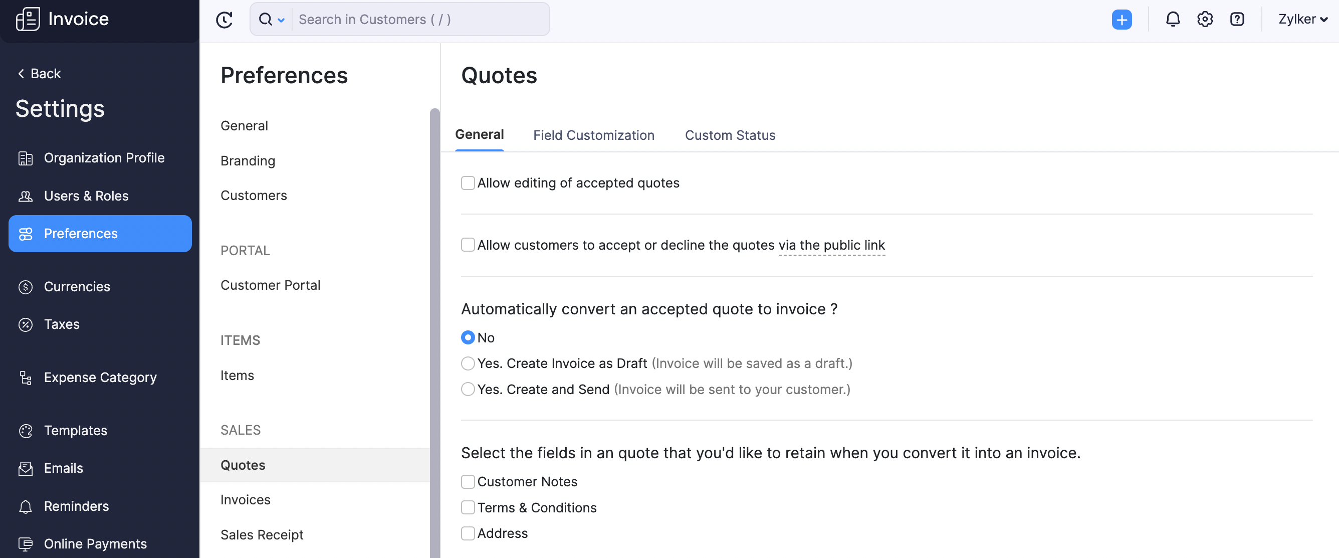 Quote Preferences - Select Quotes