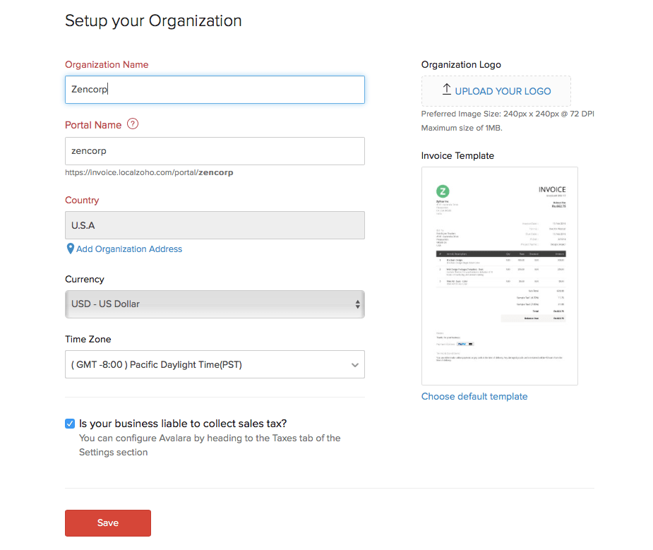 Zoho Invoice Getting Started Organization Details