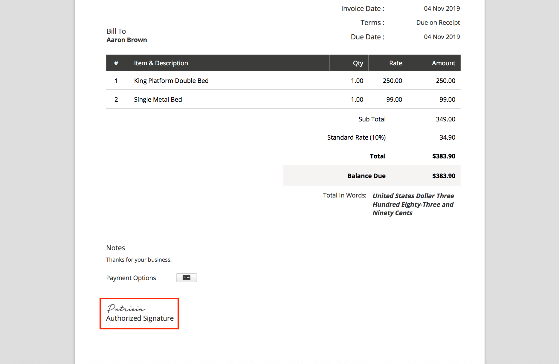 Signature in Invoice PDF