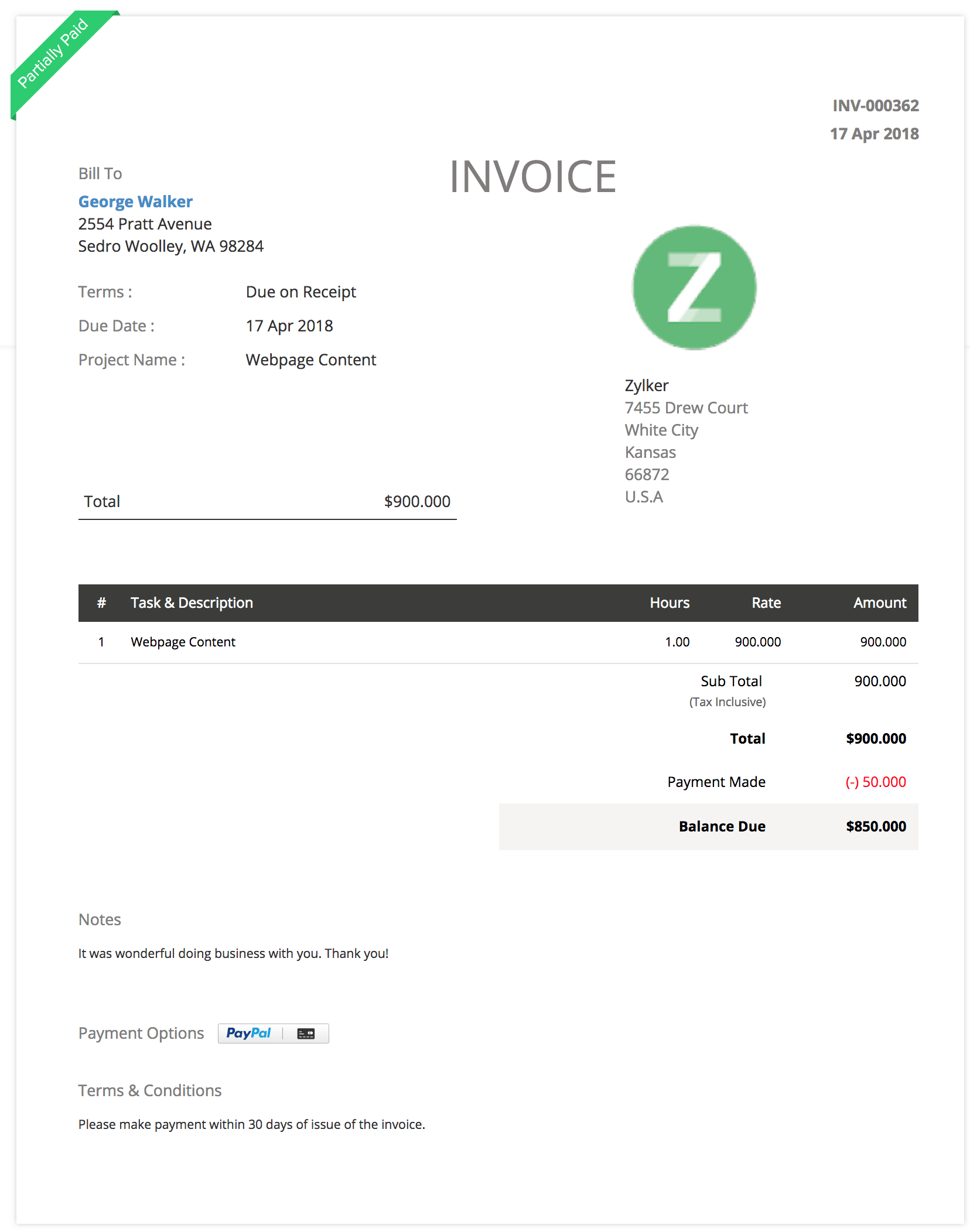 Invoice for Project