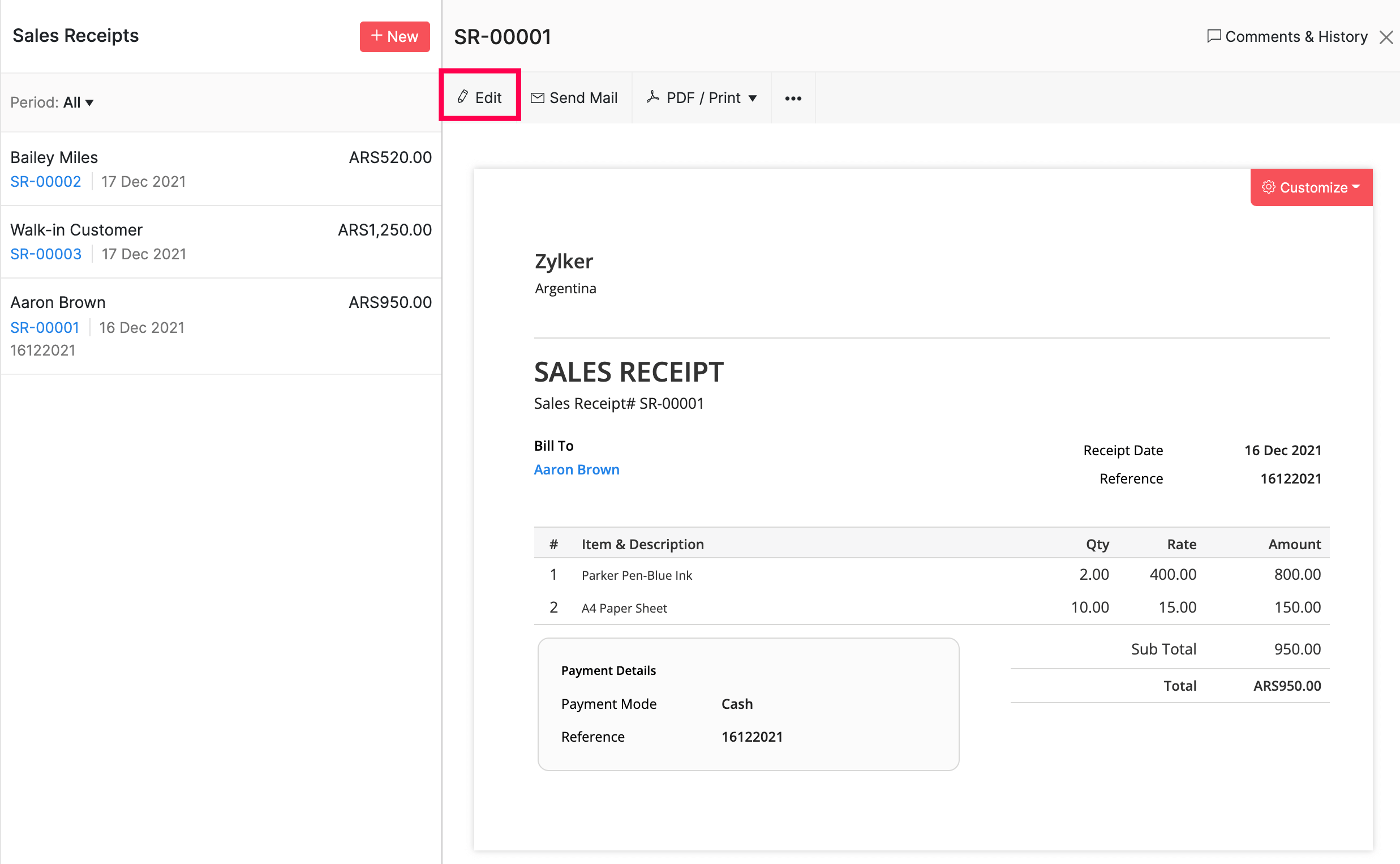 Other Actions in Sales Receipt, Help