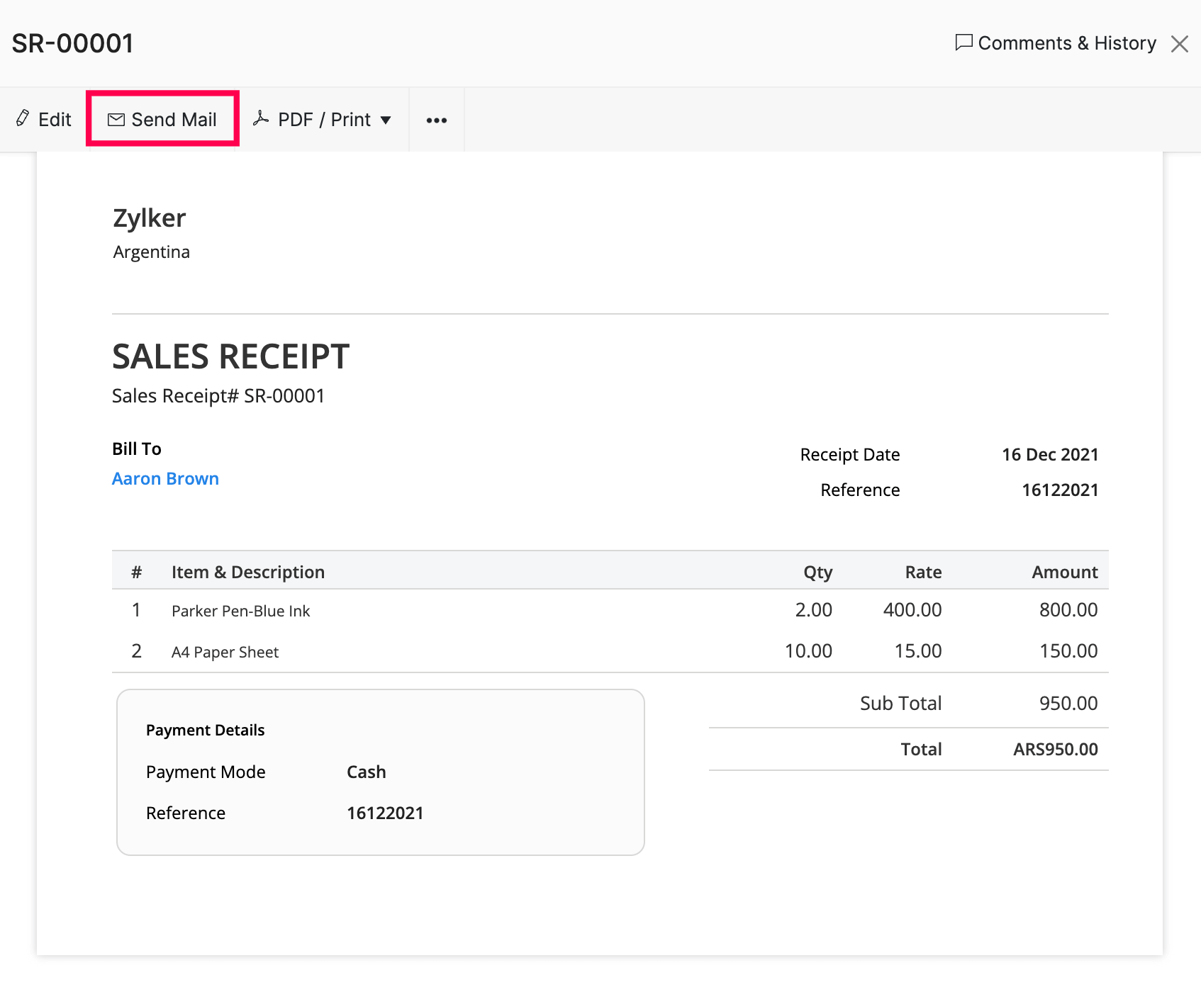 Create Sales Receipt, Help