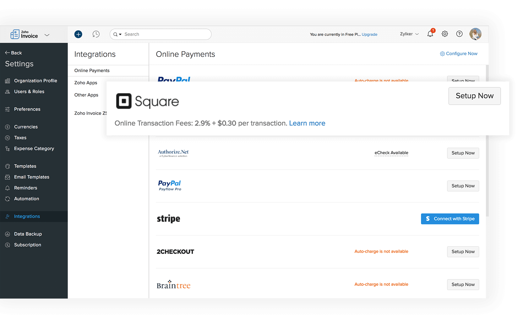 Online Payments with Square Zoho Invoice
