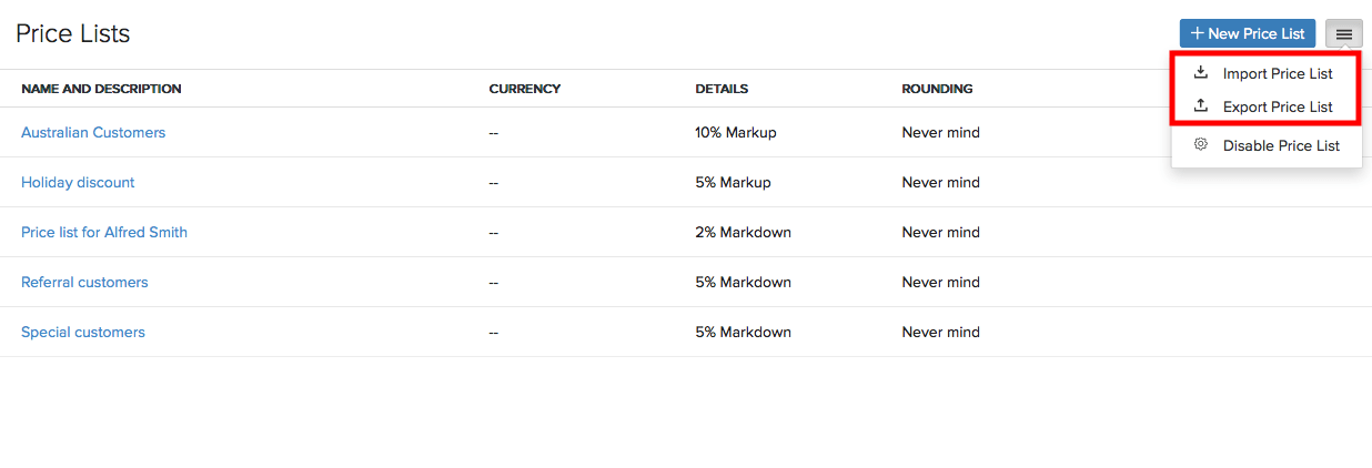 Import/Export Price List