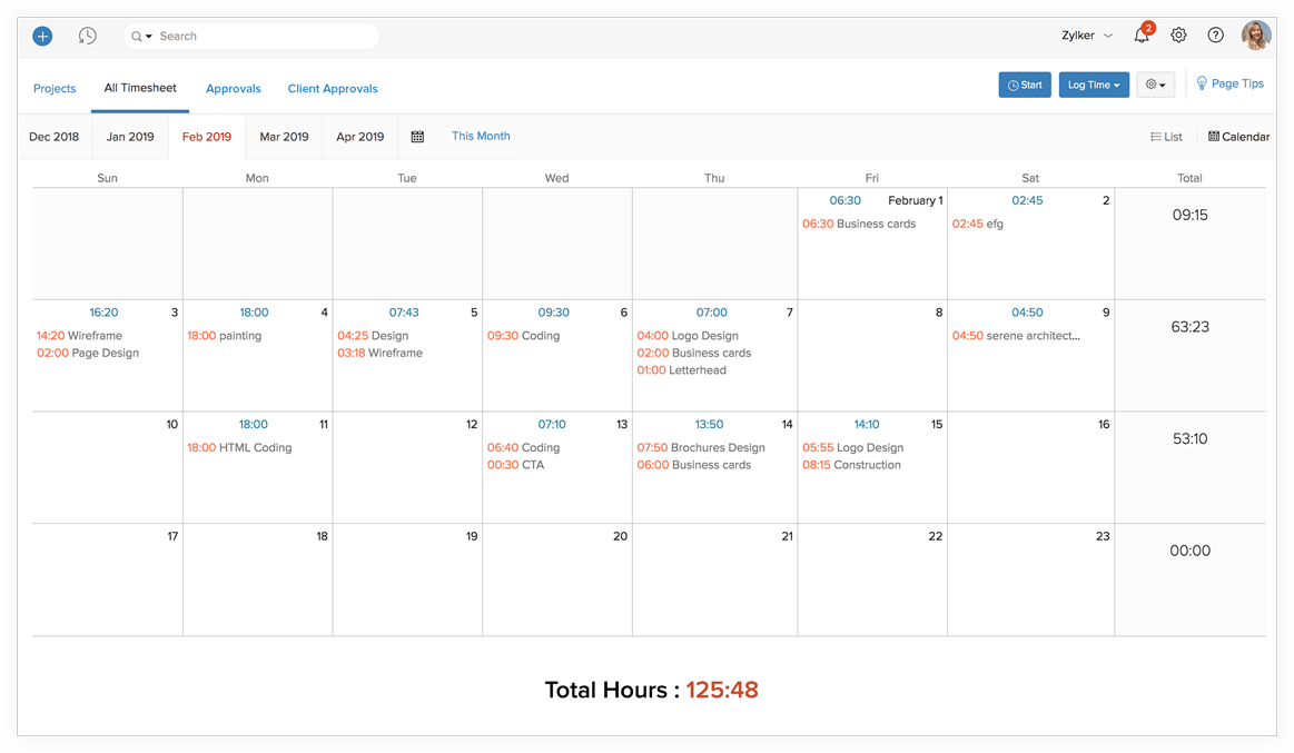 Track time entries in a calendar - Zoho Invoice