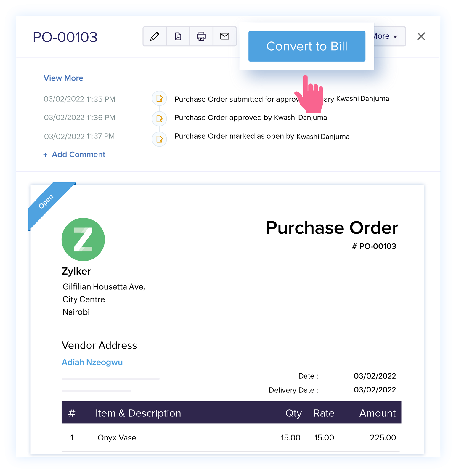 Convert Purchase Orders to Bills - Purchase Order Software | Zoho Books