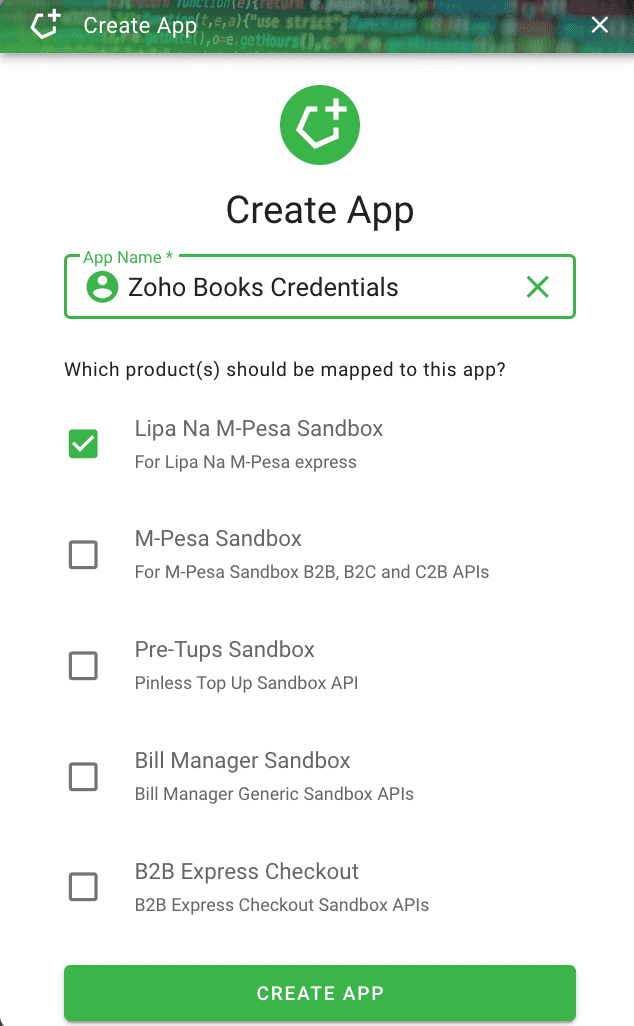 Create New App Pop-up
