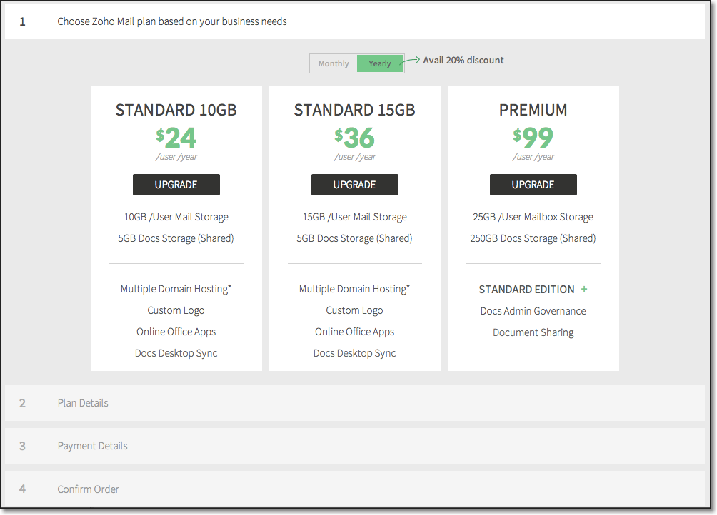 Zoho Mail Flexible subscription and extra storage options.