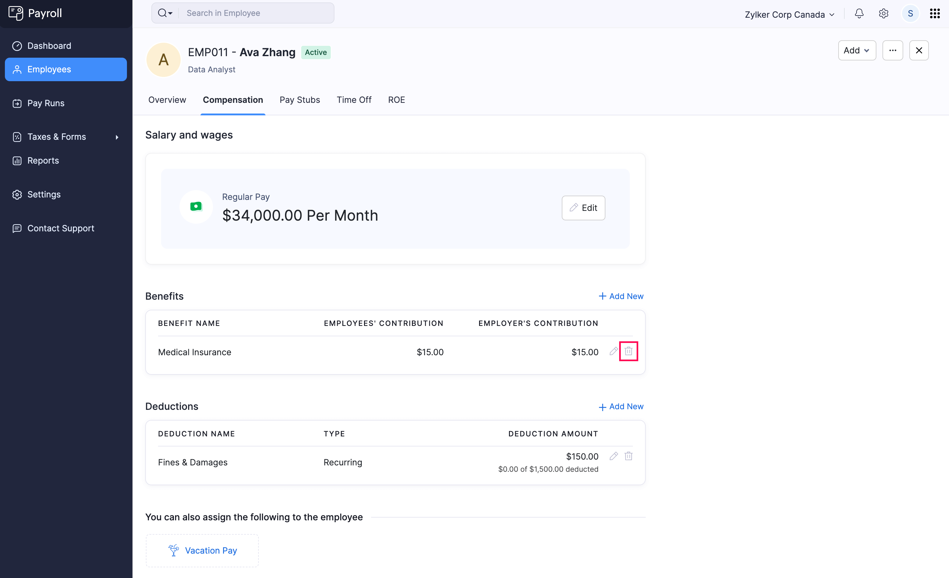 Delete Benefit from an Employee