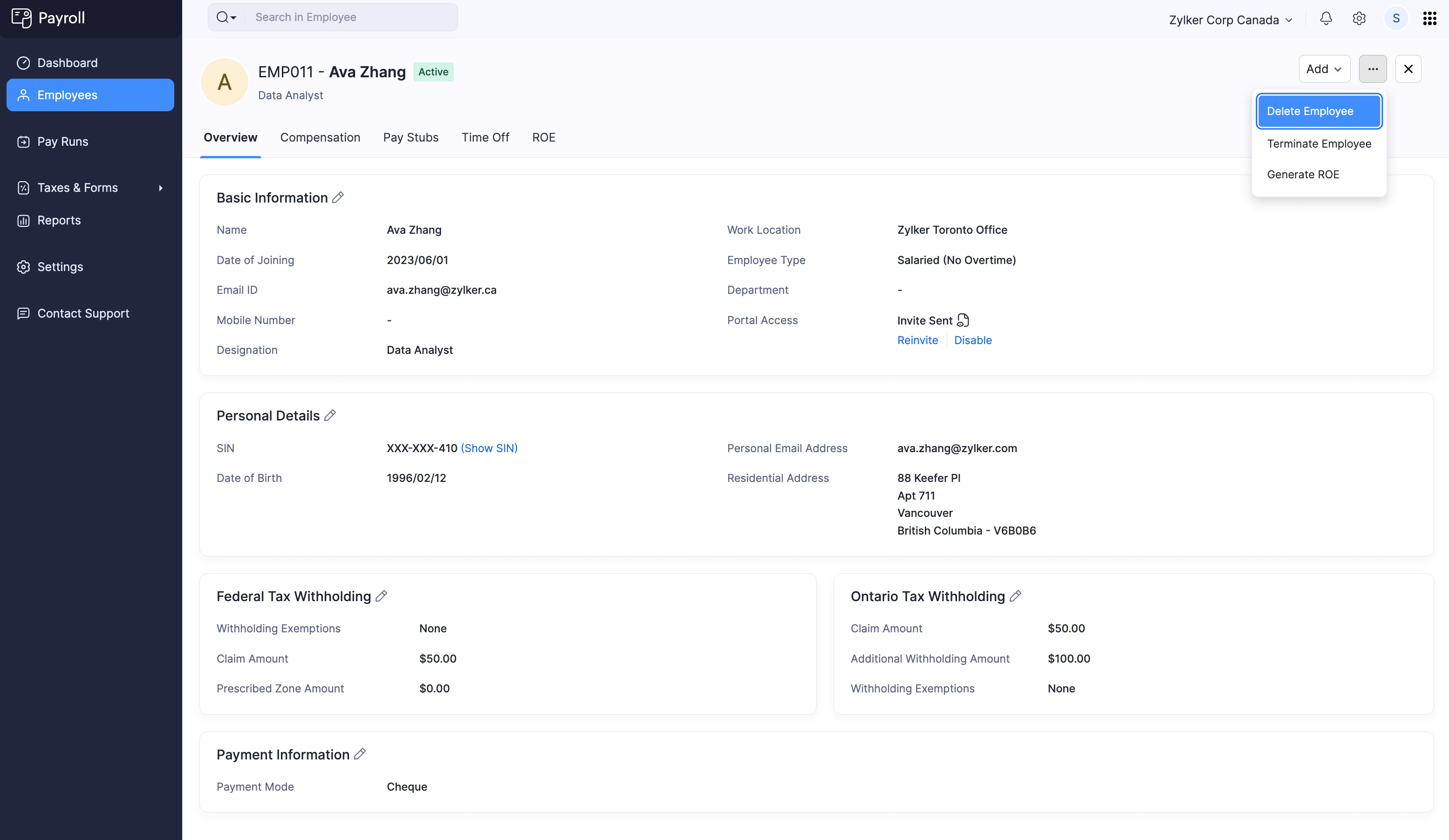 Delete Employee from Zoho Payroll