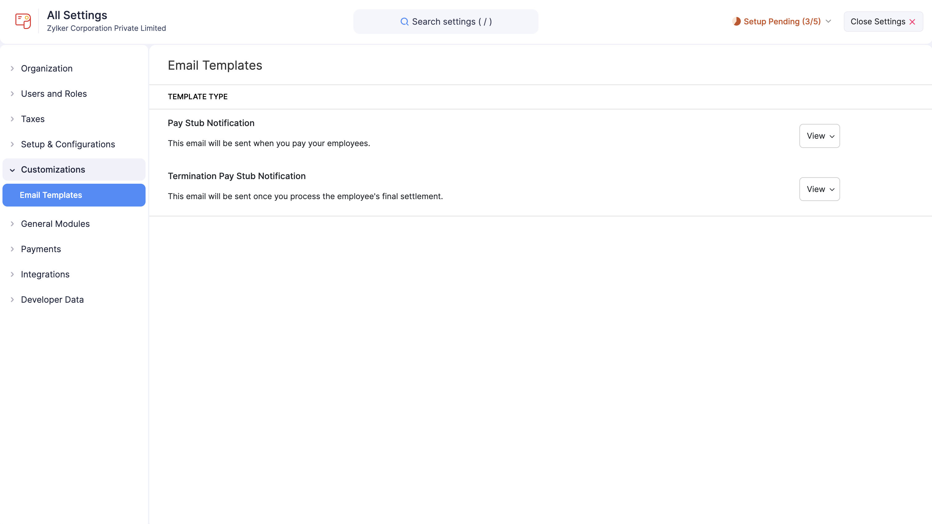 Navigate to Email Templates in Zoho Payroll