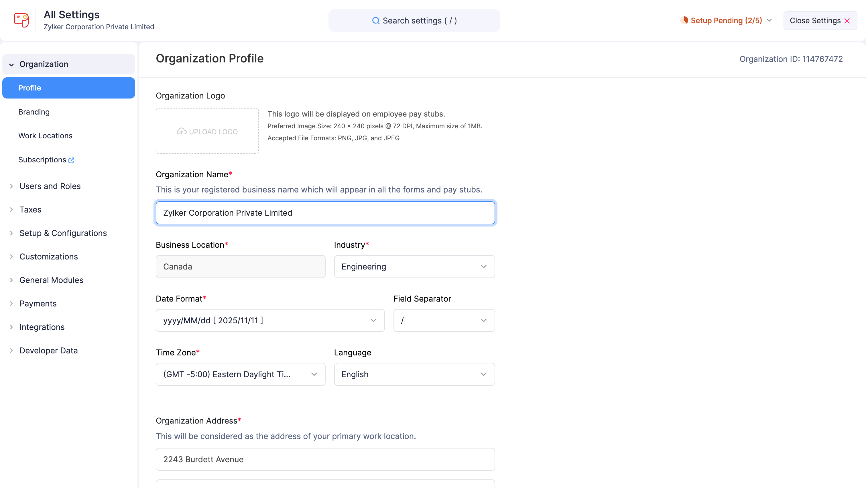 Organization Profile section in Zoho Payroll Settings