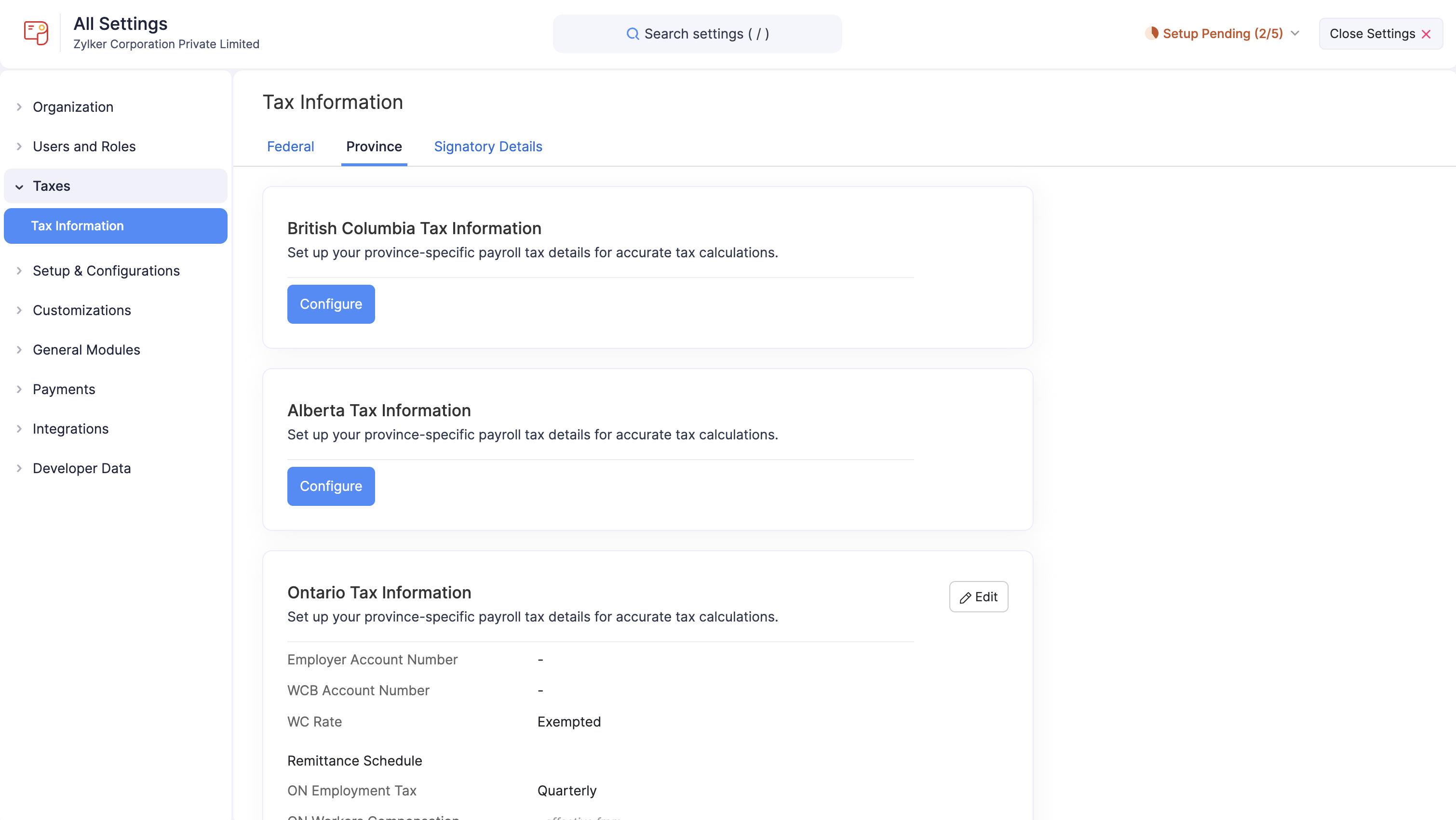 Configure Provincial Tax Information