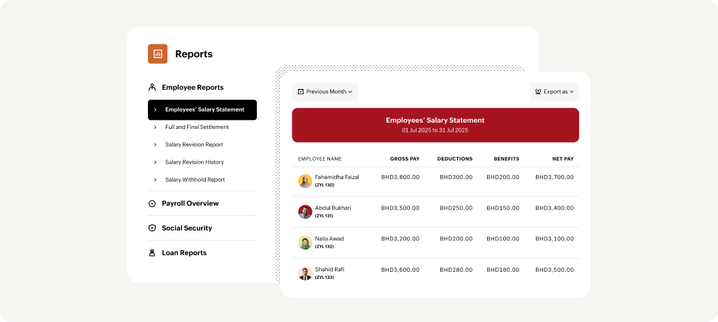 Screenshot of reports generated by Zoho Payroll Bahrain