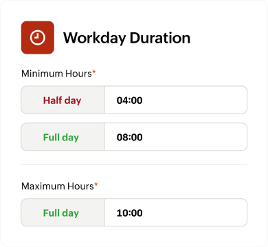 Work hours and shift timing configuration for attendance tracking