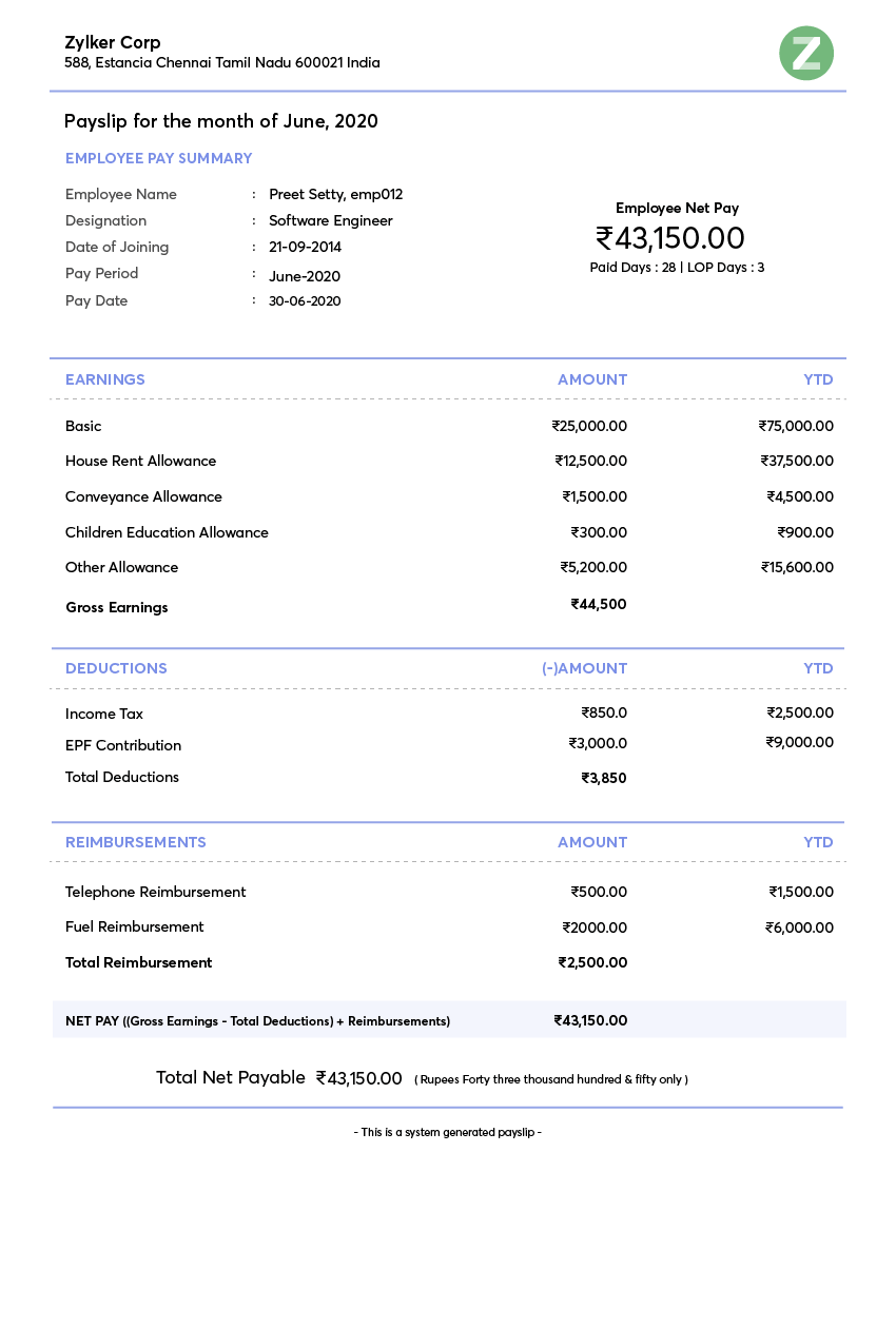 Payslip templates Download salary templates online Zoho Payroll