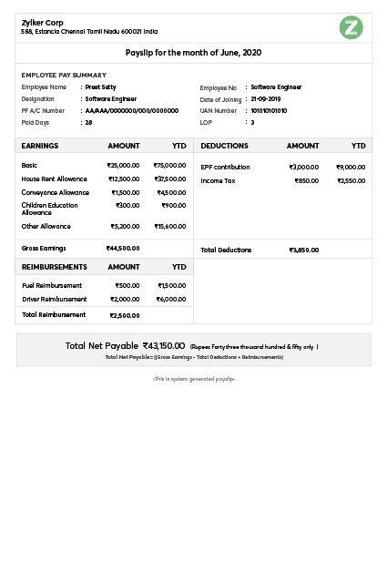 Payslip templates Download online | Zoho