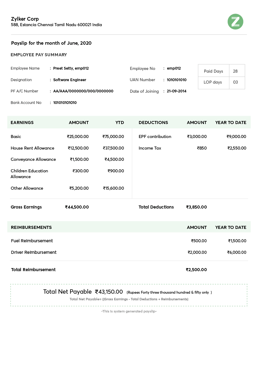 Payslip templates Download salary templates online Zoho Payroll