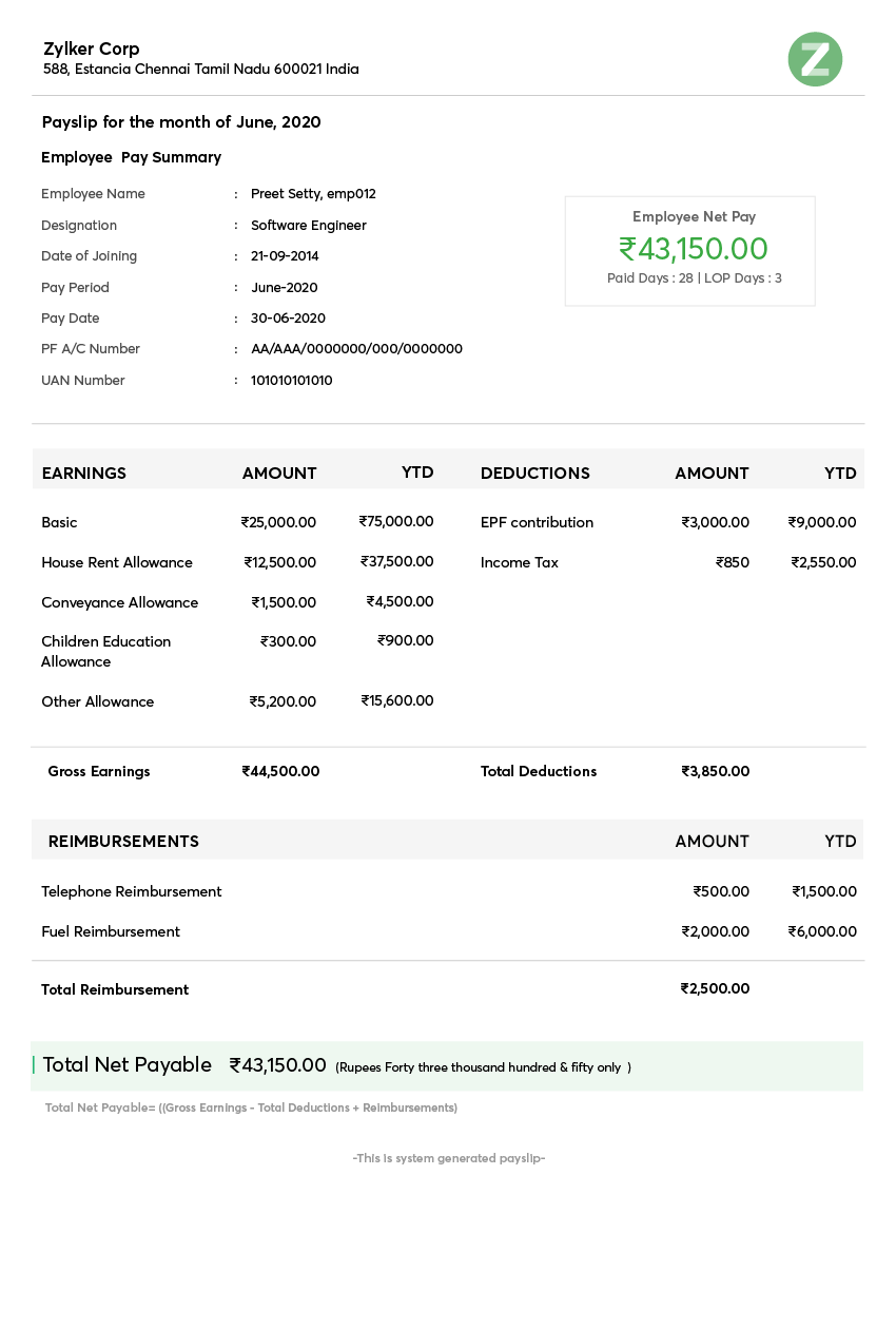 Payslip templates Download salary templates online Zoho Payroll