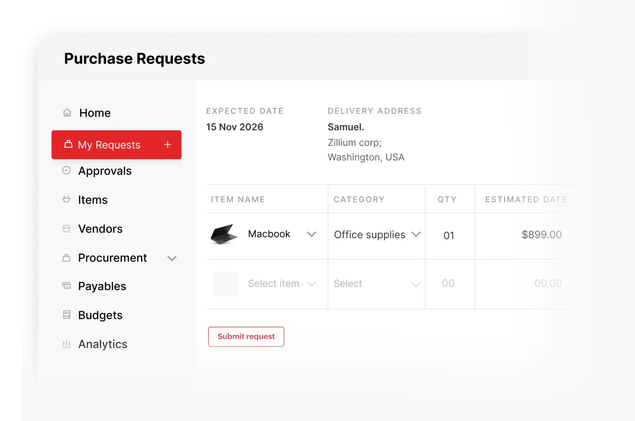 Purchase requisition catalog and request interface in Zoho Procurement