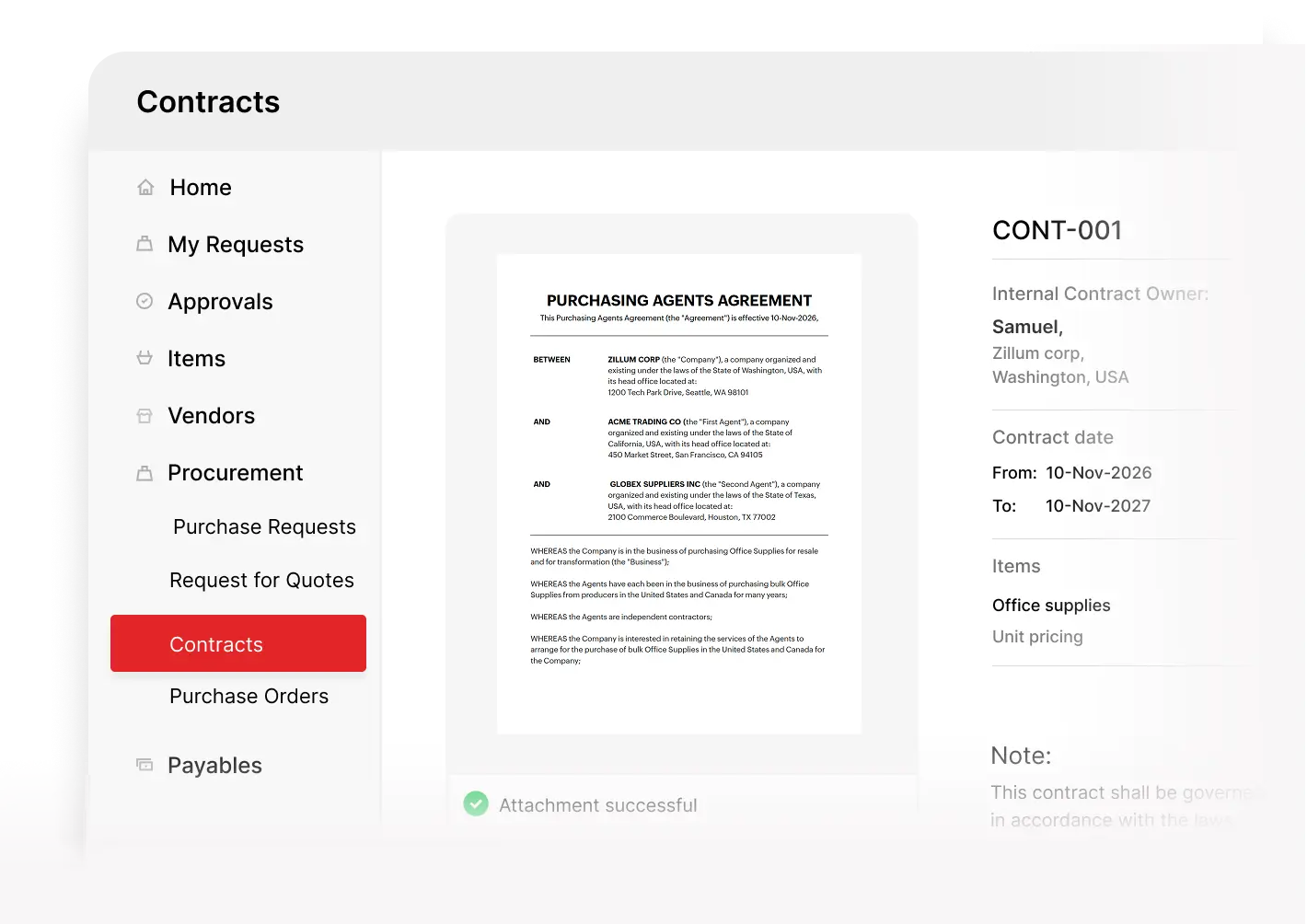 Contract management dashboard interface in Zoho Procurement