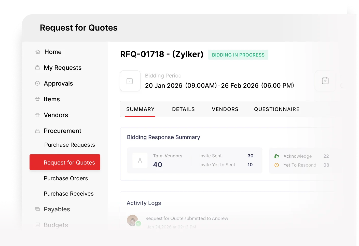 RFx management interface in Zoho Procurement