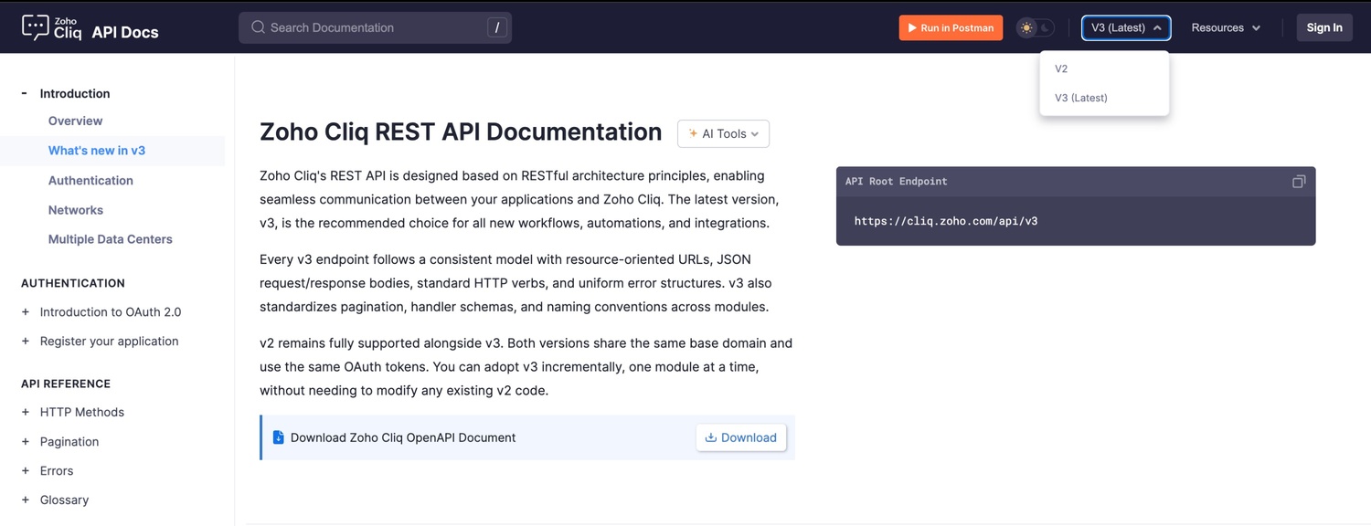 Version switcher dropdown showing V2 and V3 (Latest) options in the top-right corner of Zoho Cliq API Docs