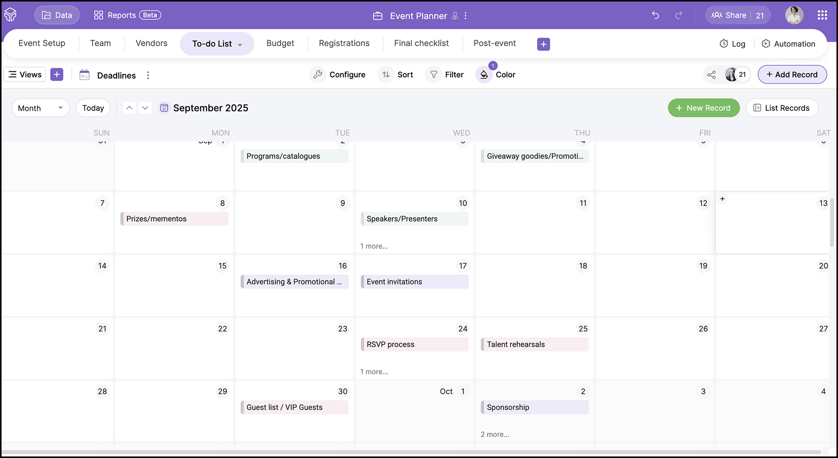 Calendar to manage deadlines