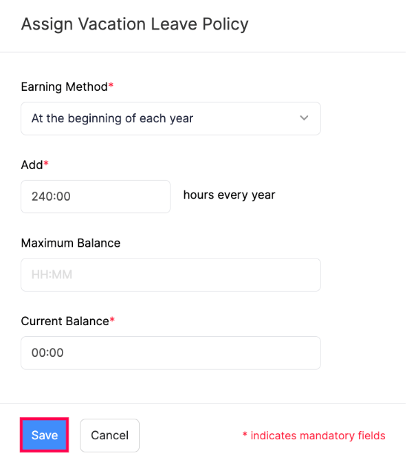 Assign Vacation Leave Policy for this Employee