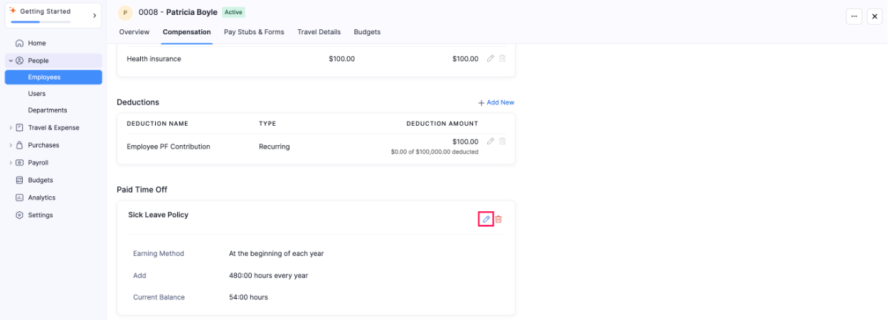 Edit the Sick Leave Policy of this Employee