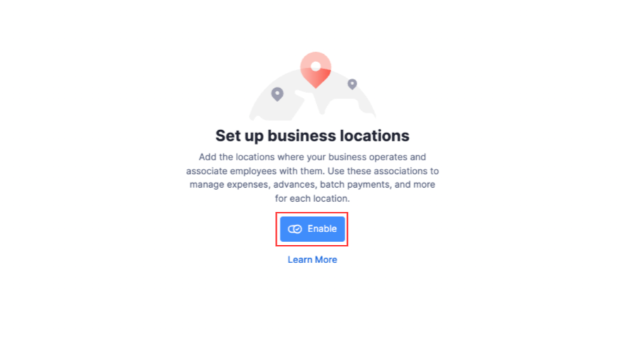 The Locations page in Zoho Spend. Click Enable to activate the Locations feature for your organization.