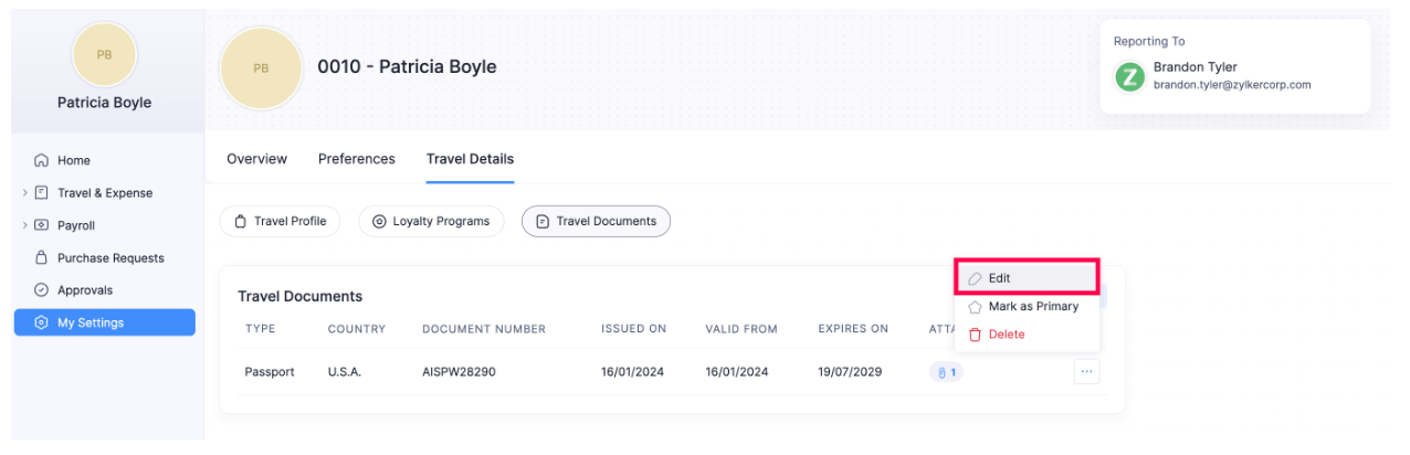 Edit Travel Documents